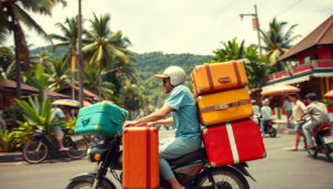 Balancing Act Gone Viral: Tourist Struggles with Suitcases on Bali Ojek Ride!